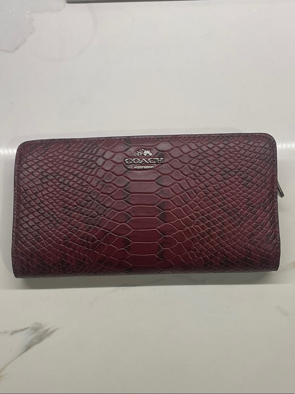 Coach Cranberry Snake-Embossed Zip-Around Exotic Skinny Wallet with Silver Logo
